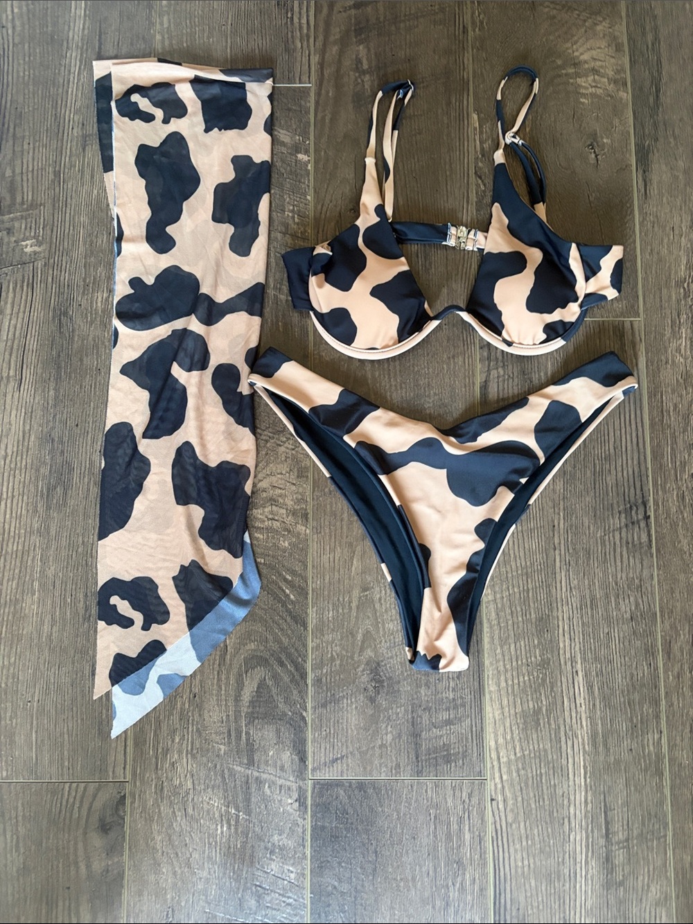 Two-Piece Bikini Set with Matching Scarf - Black & Nude Cow Print